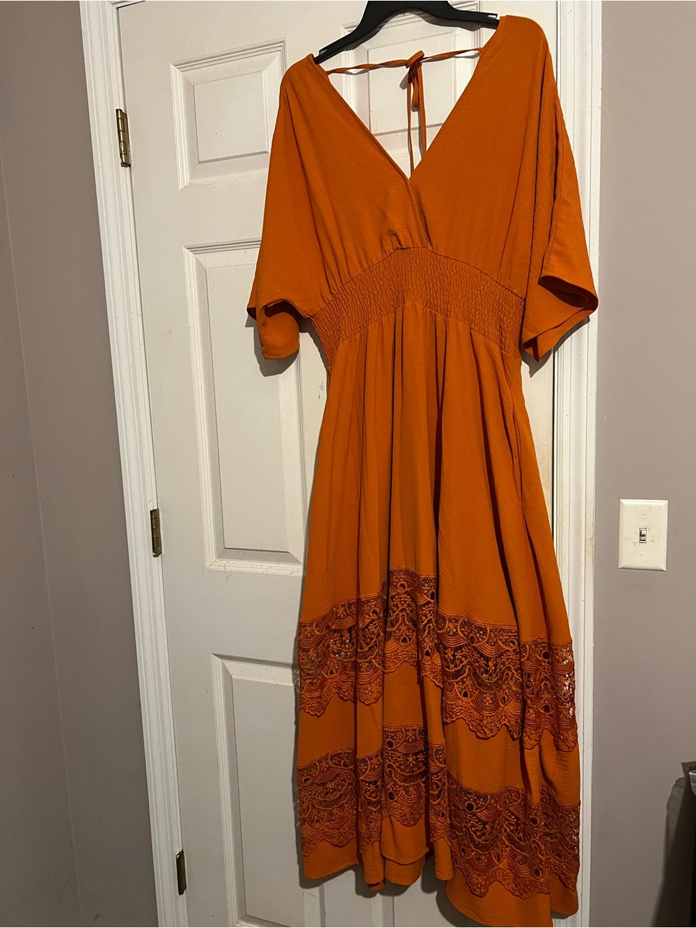 Rust Orange V-Neck Lace Trim Maxi Dress. XXL